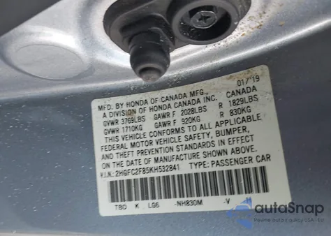 2019 Honda Civic Sport z USA, uszkodzony, nr VIN 2HGFC2F85KH532841